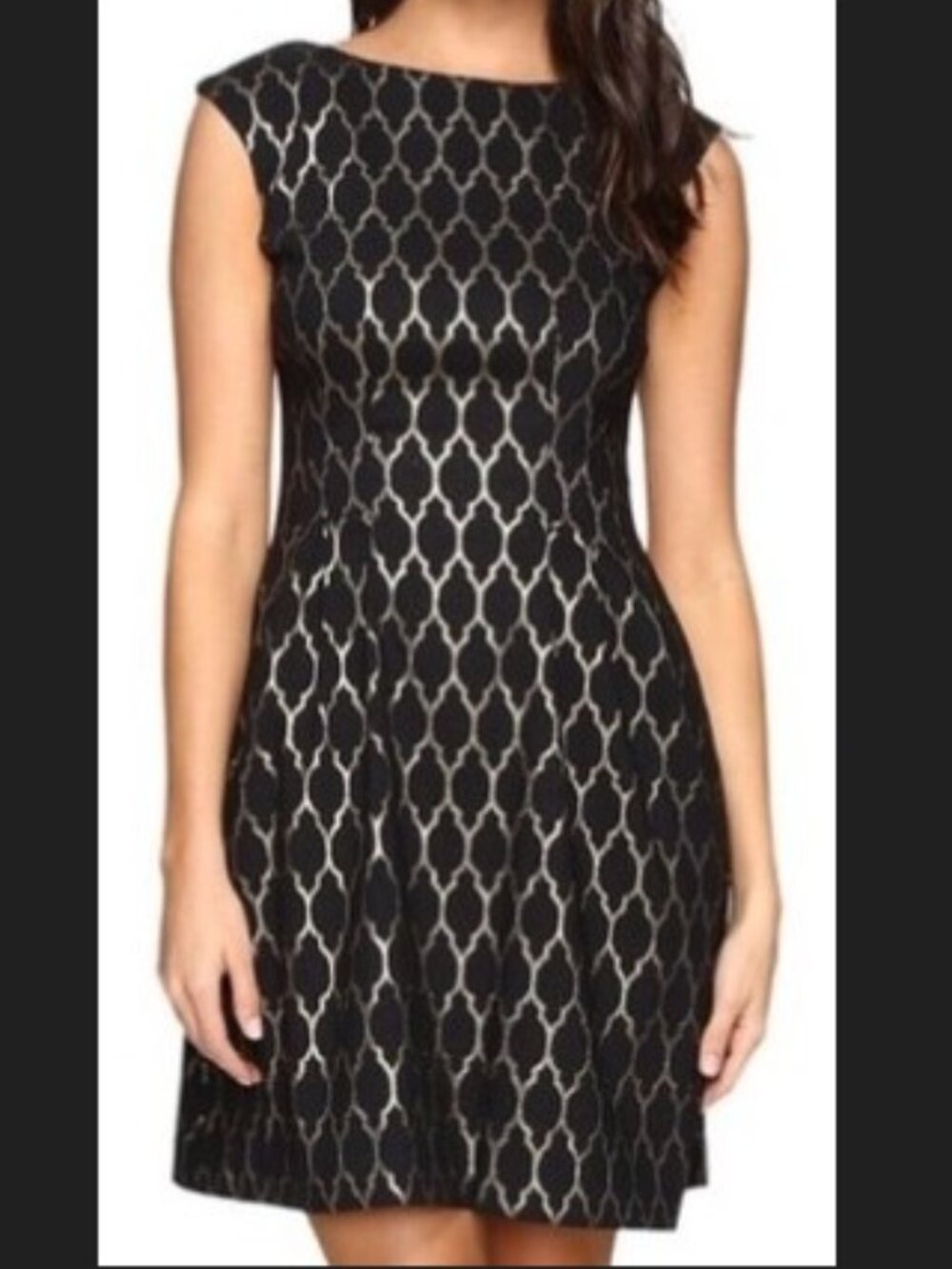 Vince Camuto Metallic Jacquard Fit Flare Dress Black Gold Ogee Pockets 8